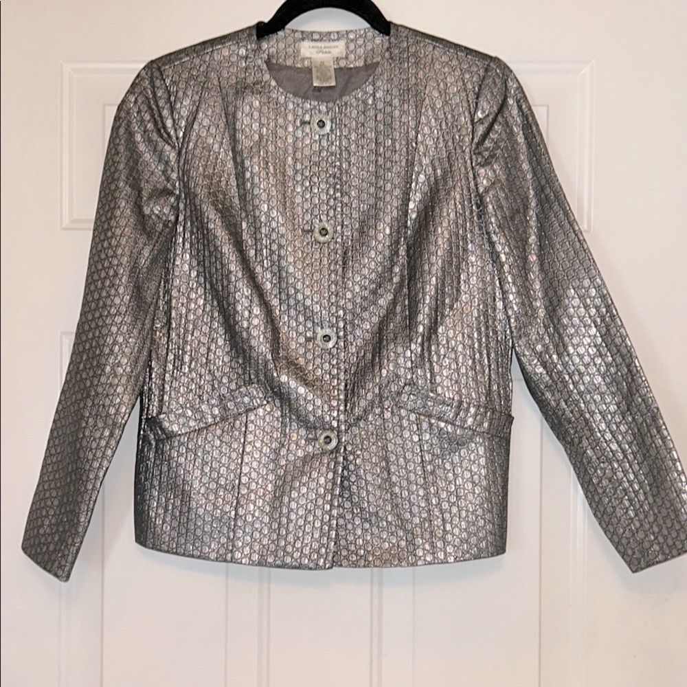 Laura Ashley Petite Metallic Silver SP Jacket Blazer Career Glam Professional